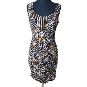 SLIMPACT sleeveless animal print gathered side built in shapewear dress,M